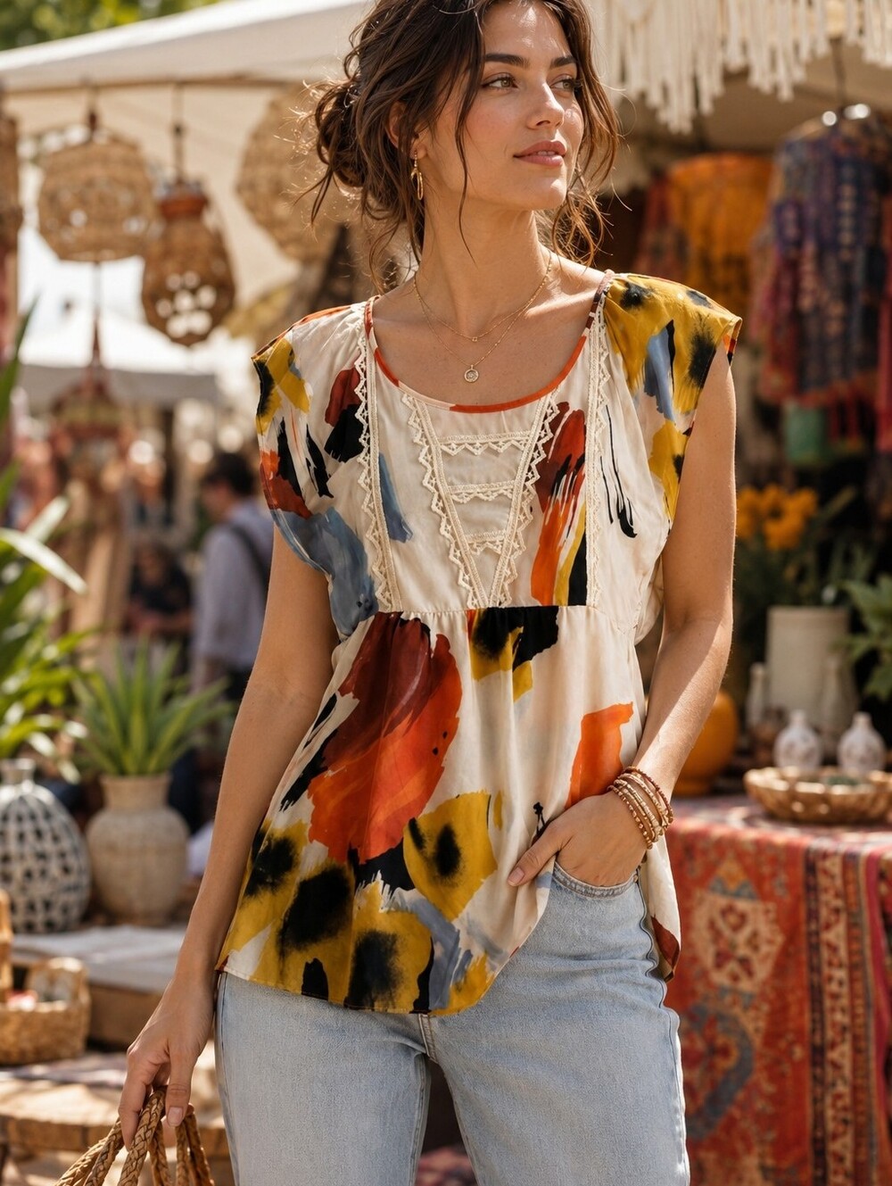 Anthropologie Edme & Esyllte Silk Abstract Print Lace Trim Boho Top Small
